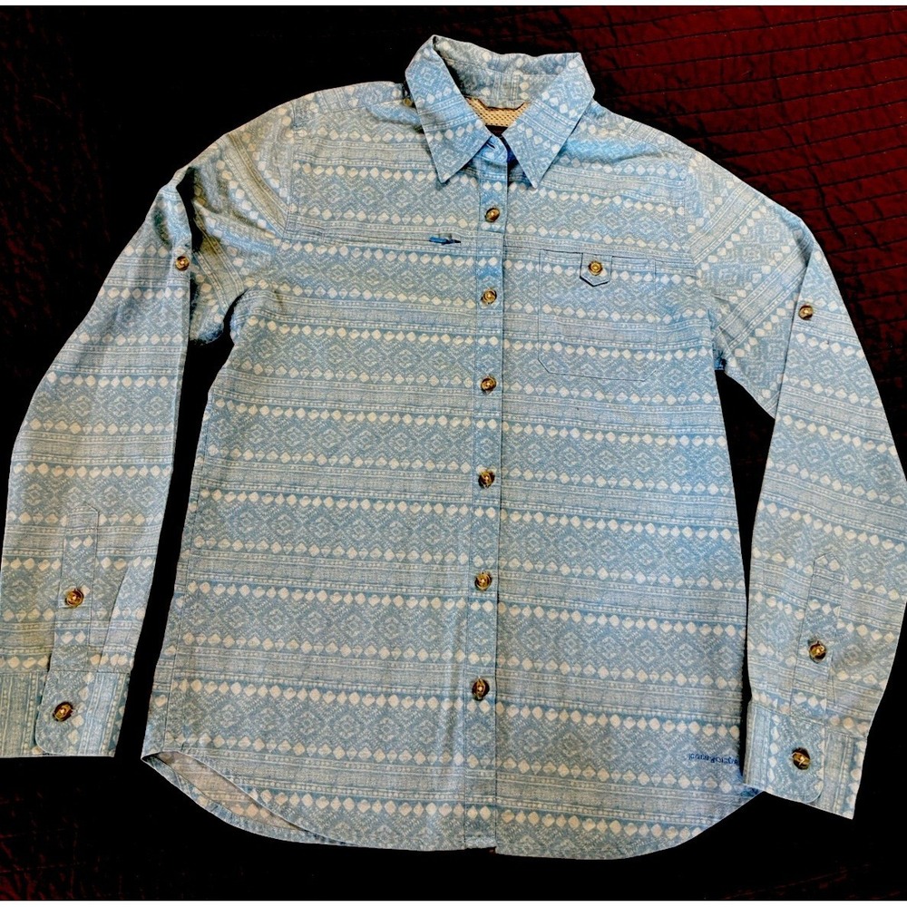 Patagonia Women XS Blue Geometric Button Up Shirt Idaho Angler Boise Fishing